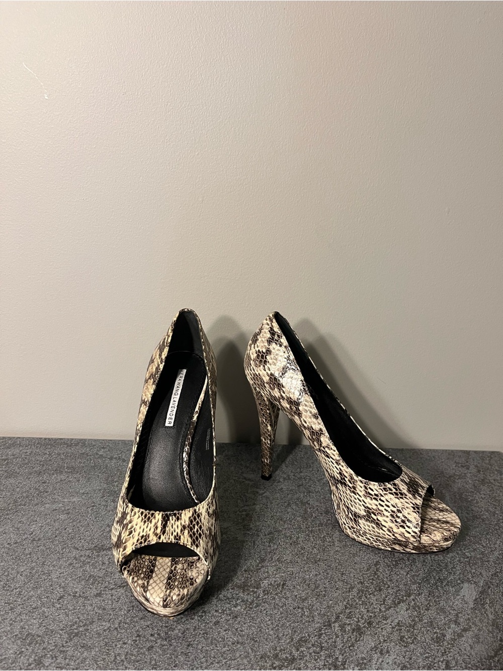 Vera Wang Snake-Print Peep-Toe High Heels in Neutral Beige and Black